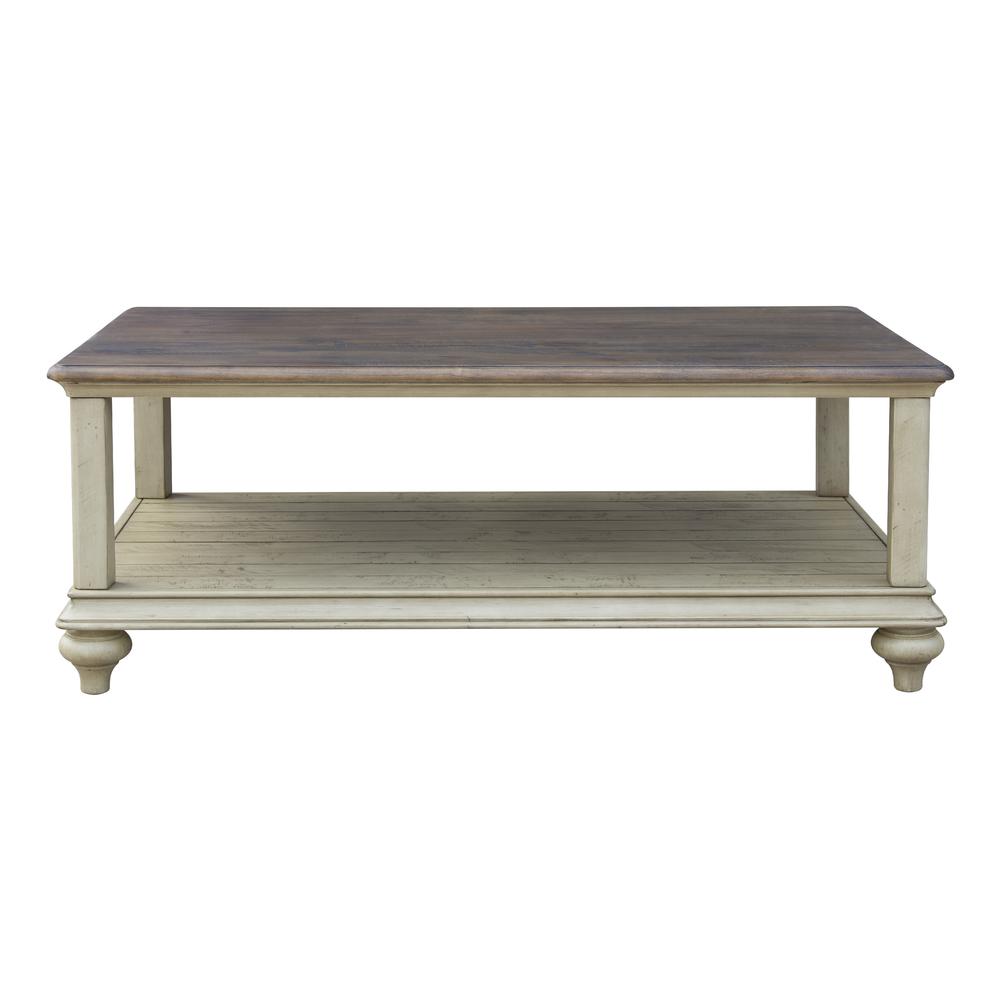 Shades of Sand 48 in. Distressed Cream Puff and Walnut Brown Rectangular Solid Wood End Table. Picture 1