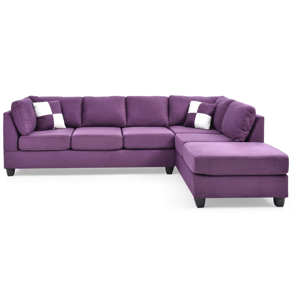 Malone 111 in. Purple Suede 4-Seater Sectional Sofa with 2-Throw Pillow. The main picture.