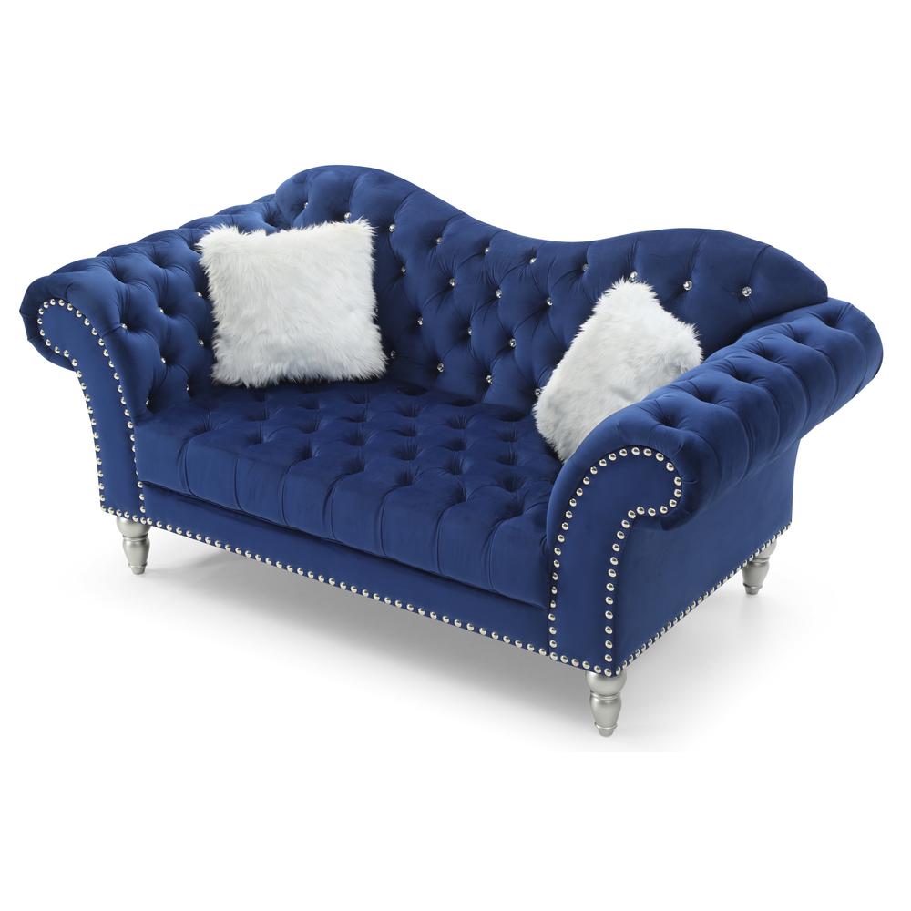 Wilshire 75 in. Blue Velvet 3-Seater Sofa with 2-Throw Pillow. Picture 3