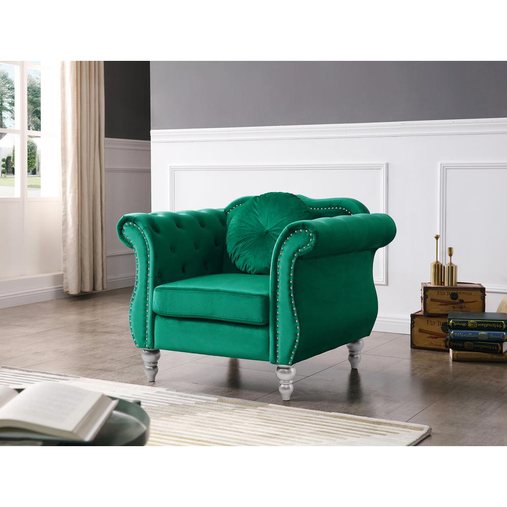 Hollywood Green Chesterfield Tufted Velvet Accent Chair with Round Throw Pillow. Picture 5