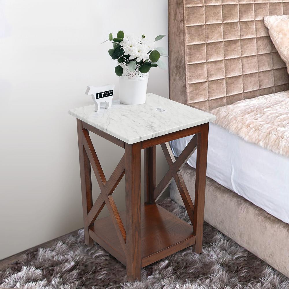 Agatha 15" Square Italian Carrara White Marble Side Table with walnut color solid wood Legs. Picture 7
