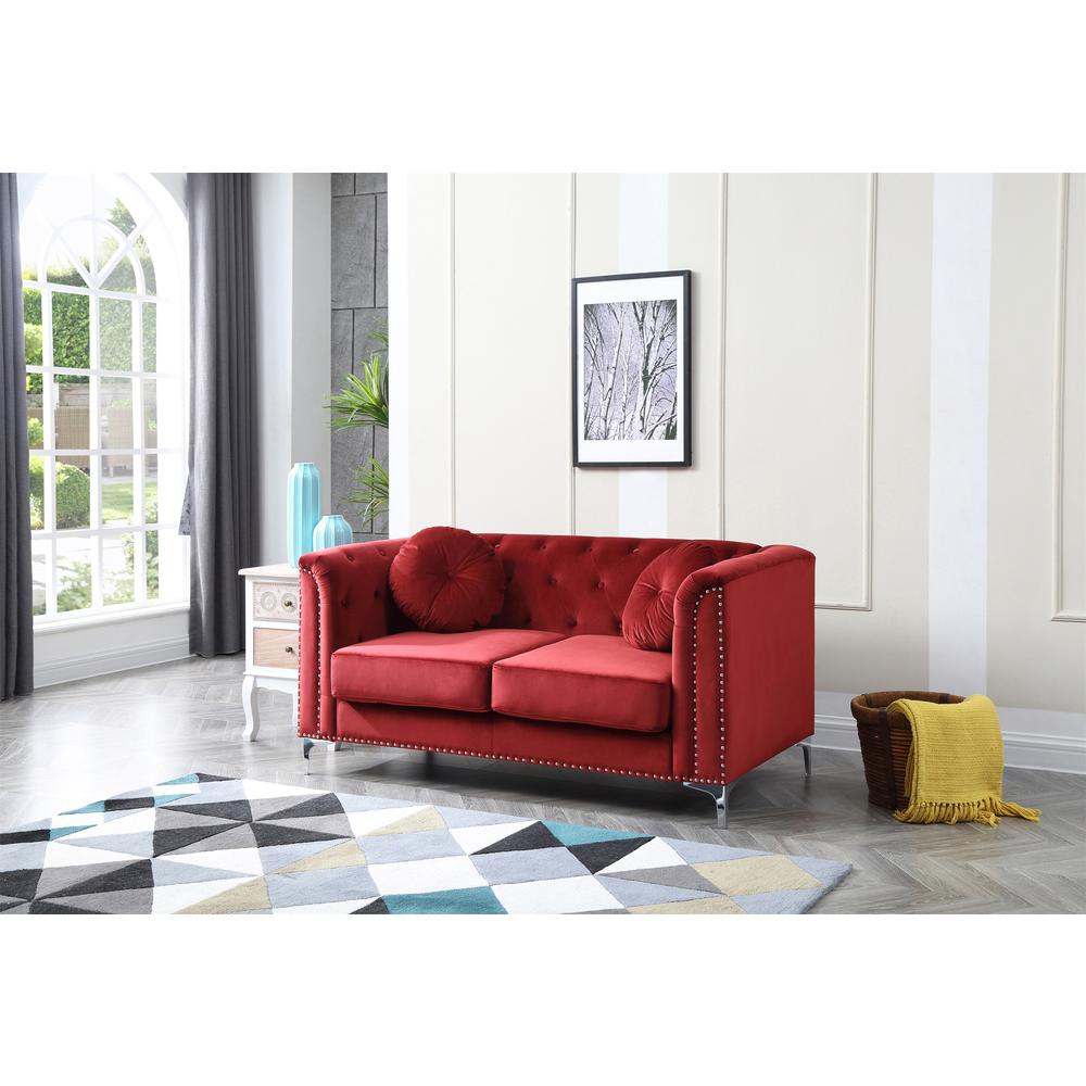Pompano 62 in. Burgundy Velvet 2-Seater Sofa with 2-Throw Pillow. Picture 5