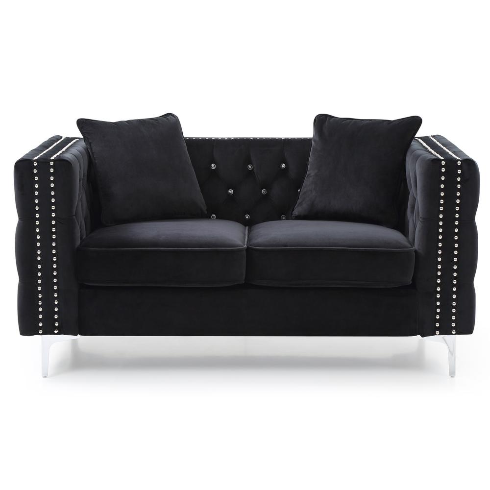 Paige 63 in. Black Tufted Velvet Loveseat With 2-Throw Pillows. The main picture.