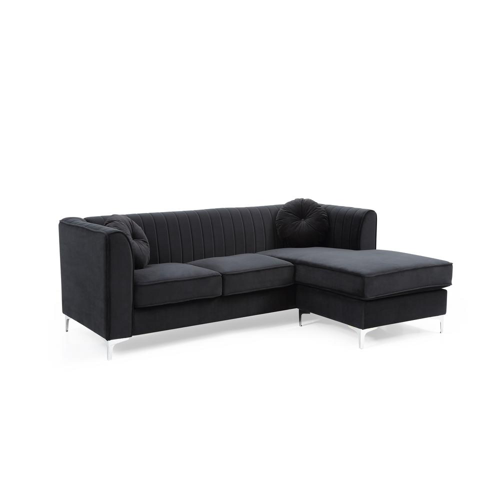 Delray 87 in. Black Velvet L-Shape 3-Seater Sectional Sofa with 2-Throw Pillow. Picture 1