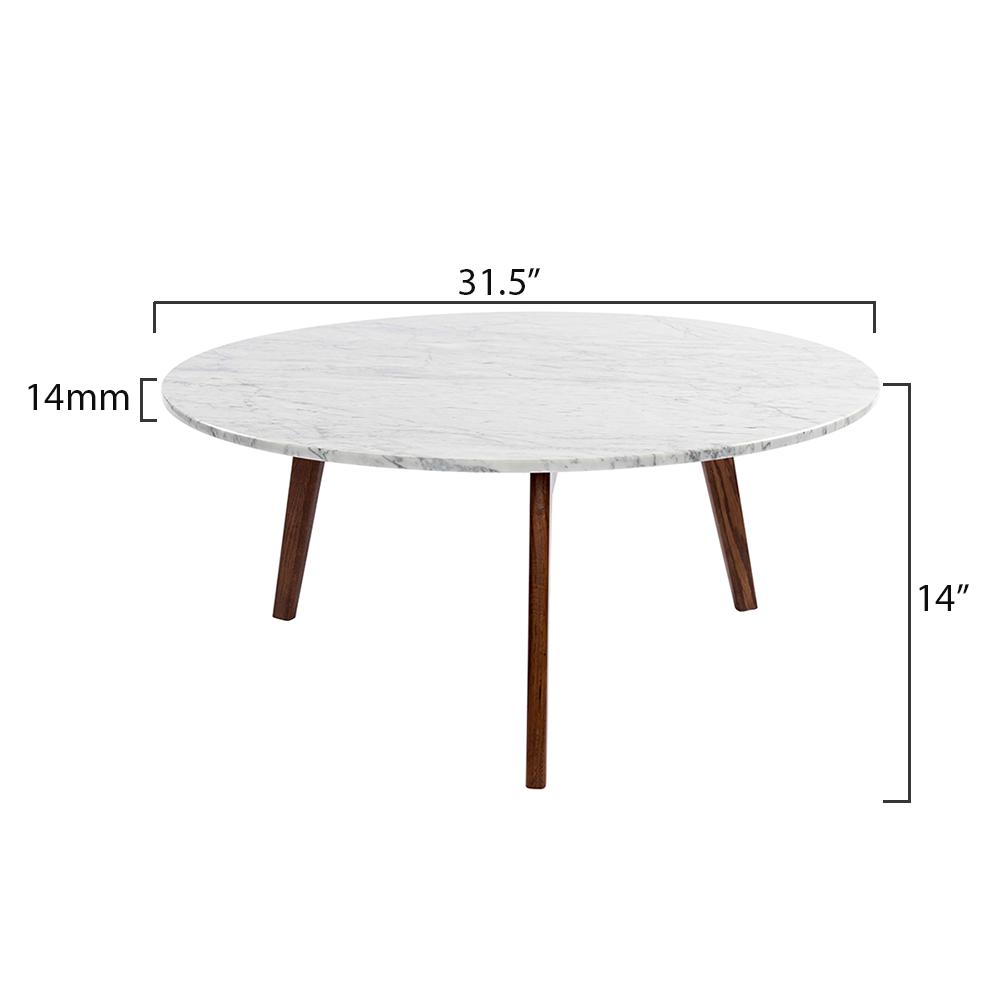 Stella 31" Round Italian Carrara White Marble Coffee Table with Walnut Legs. Picture 7