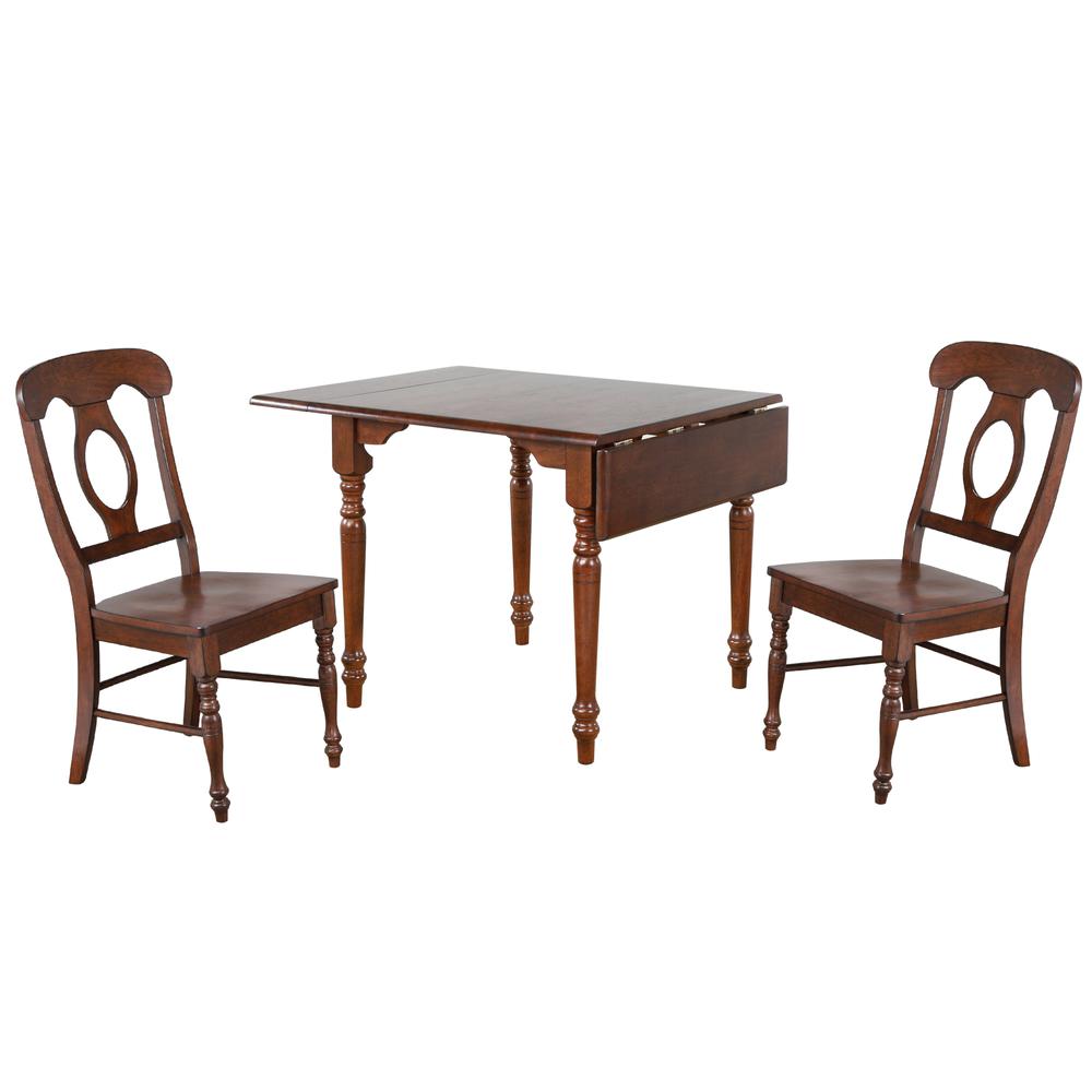 Andrews 3-Piece Solid Wood Top Distressed Chestnut Brown Dining Table Set with Expandable Drop Leaf and Napoleon Chairs. Picture 1