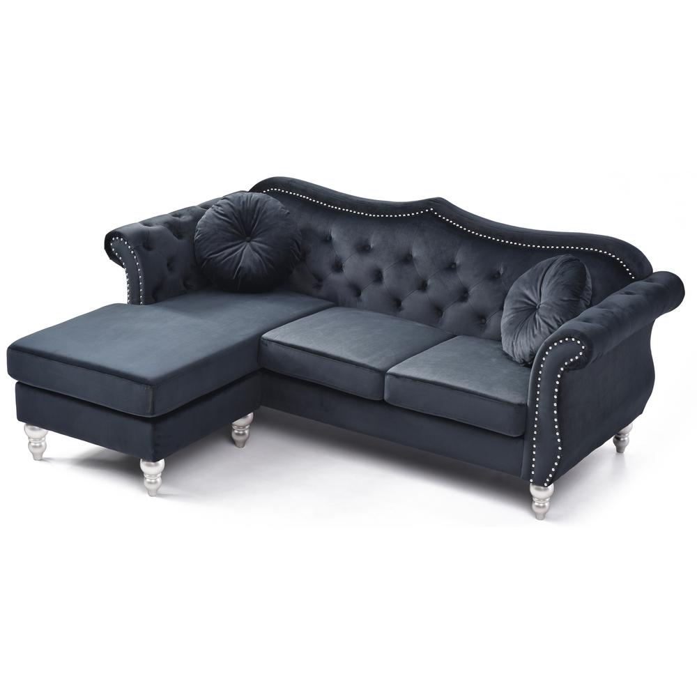 Hollywood 81 in. Black Velvet Chesterfield Sectional Sofa with 2-Throw Pillow. Picture 3