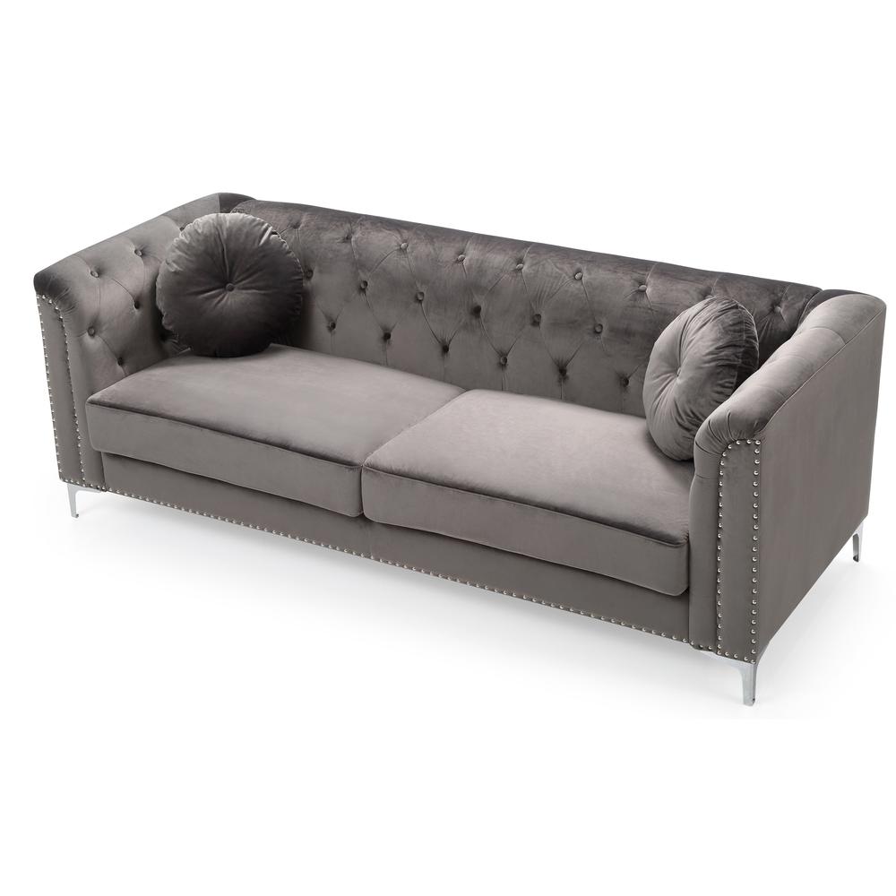 Pompano 83 in. Dark Gray Tufted Velvet Loveseat with 2-Throw Pillow. Picture 2