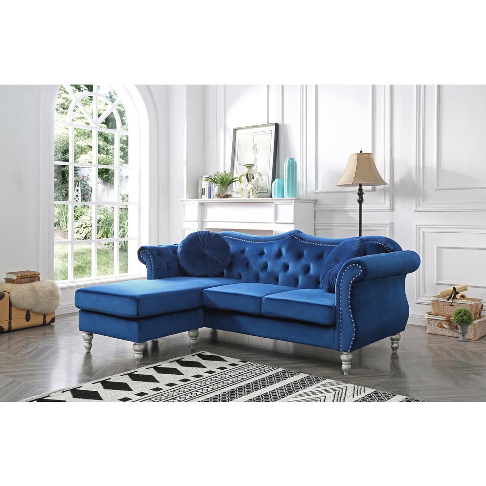 Hollywood 81 in. Navy Blue Velvet Chesterfield Sectional Sofa with 2-Throw Pillow. Picture 5