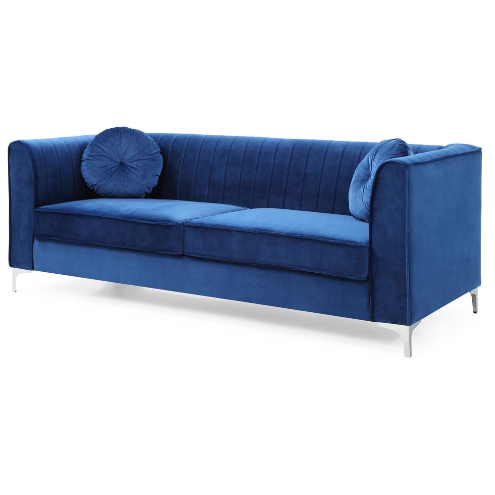Delray 87 in. Navy Blue Velvet 2-Seater Sofa with 2-Throw Pillow. Picture 1