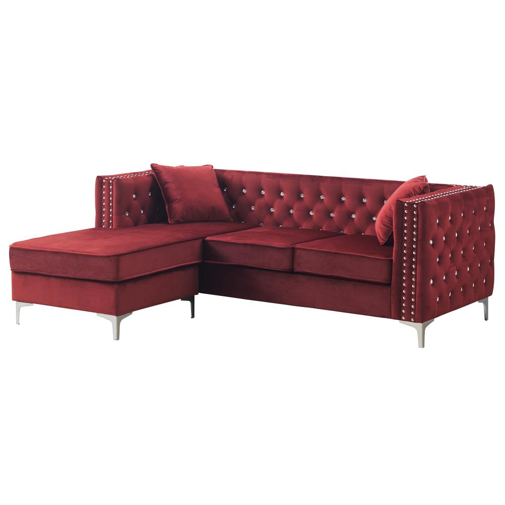 Paige 87 in. Burgundy Velvet L-Shape 3-Seater Sofa with 2-Throw Pillow. Picture 1