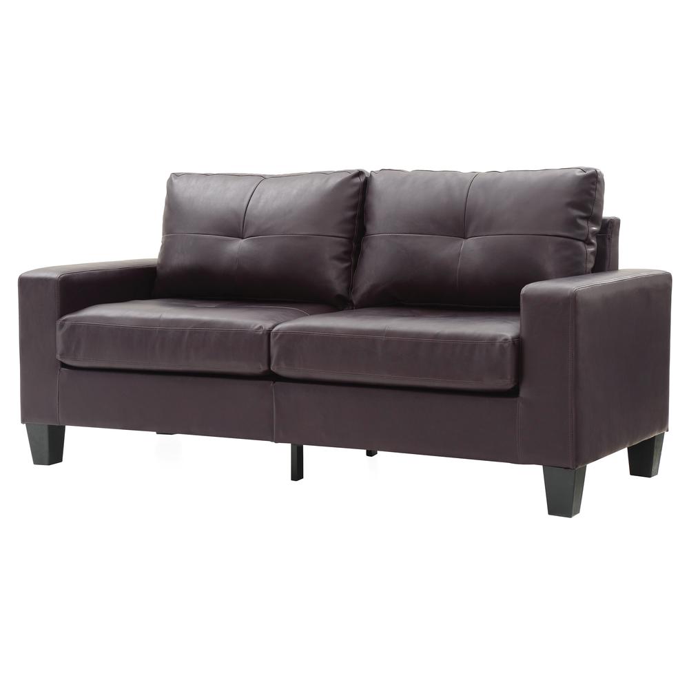 Newbury 71 in. W Flared Arm Faux Leather Straight Sofa in Dark Brown. Picture 2