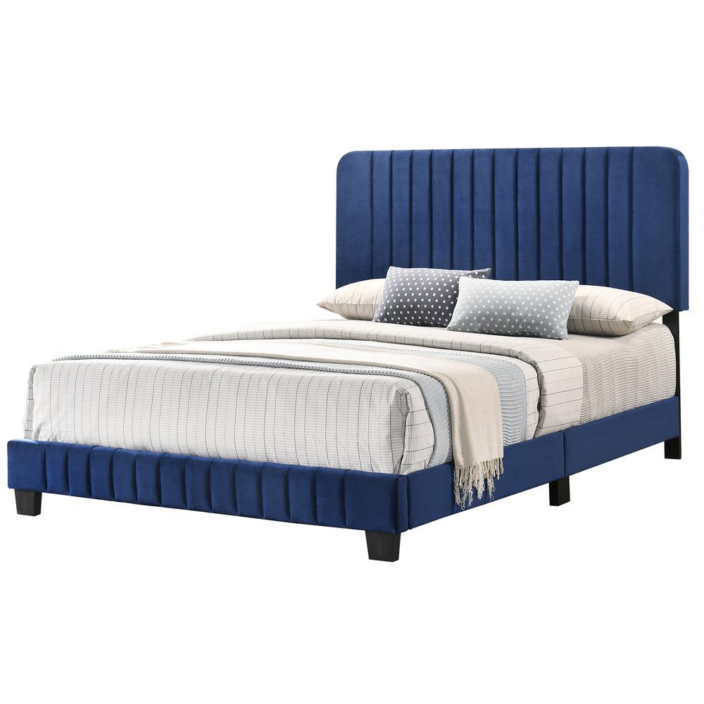 Lodi Navy Blue Velvet Upholstered Channel Tufted King Panel Bed. Picture 1