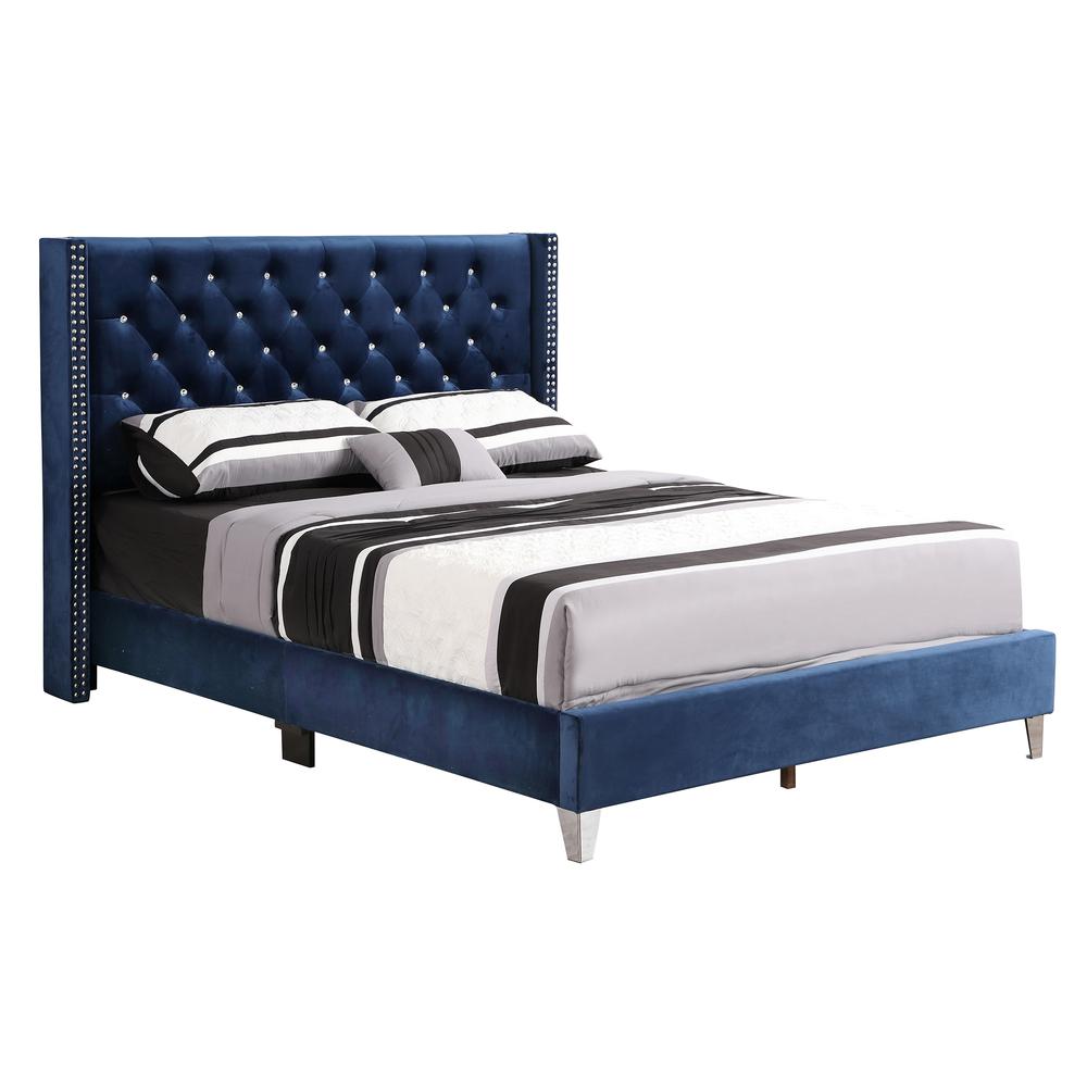 Julie Navy Blue Tufted Upholstered Low Profile King Panel Bed. Picture 1