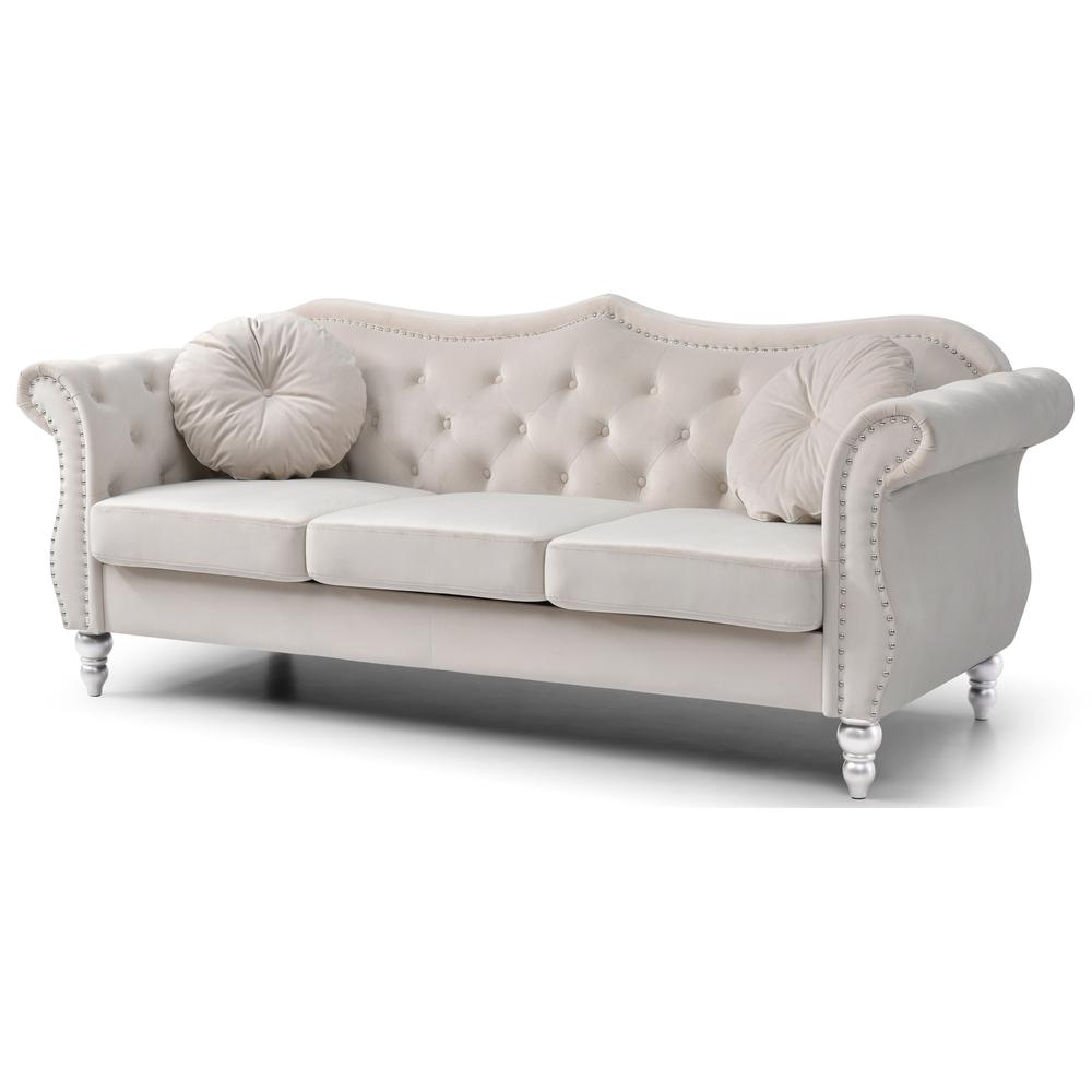 Hollywood 82 in. Ivory Velvet Chesterfield 3-Seater Sofa with 2-Throw Pillow. Picture 1
