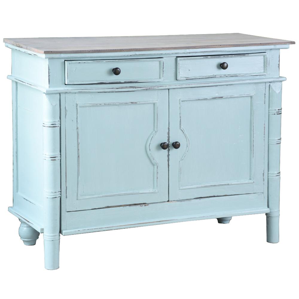 Shabby Chic Cottage Sky Blue and Lime Wash Accent Cabinet with 2 Doors and 2 Drawers. Picture 2