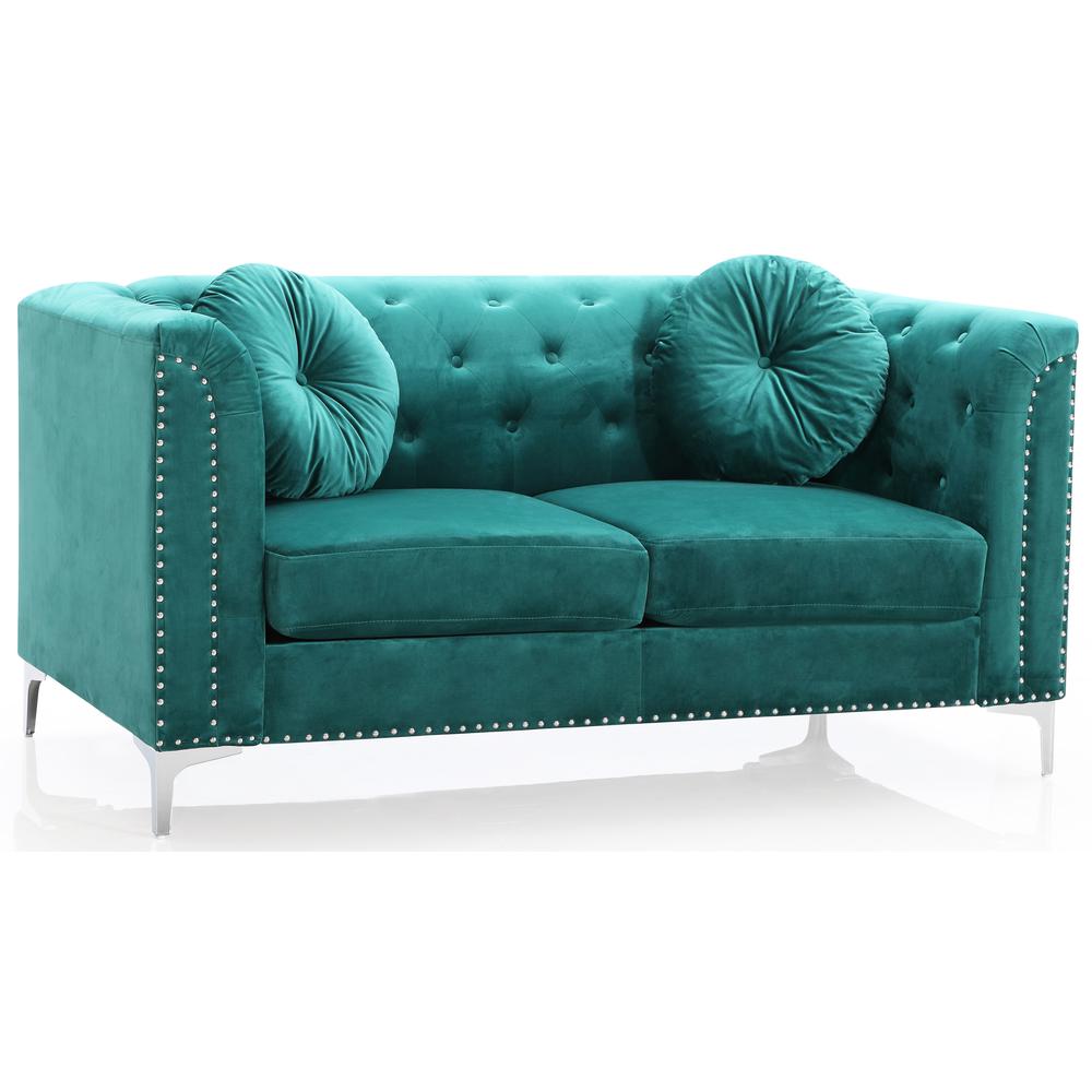 Pompano 62 in. Green Tufted Velvet 2-Seater Sofa with 2-Throw Pillow. Picture 2