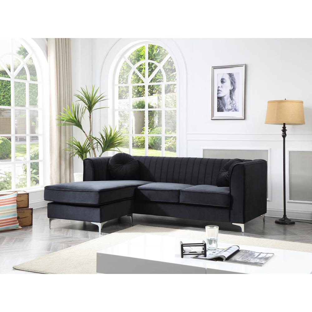 Delray 87 in. Black Velvet L-Shape 3-Seater Sectional Sofa with 2-Throw Pillow. Picture 5