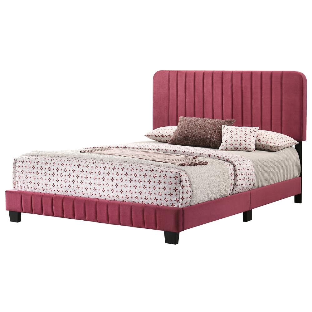 Lodi Cherry Velvet Upholstered Channel Tufted King Panel Bed. Picture 1