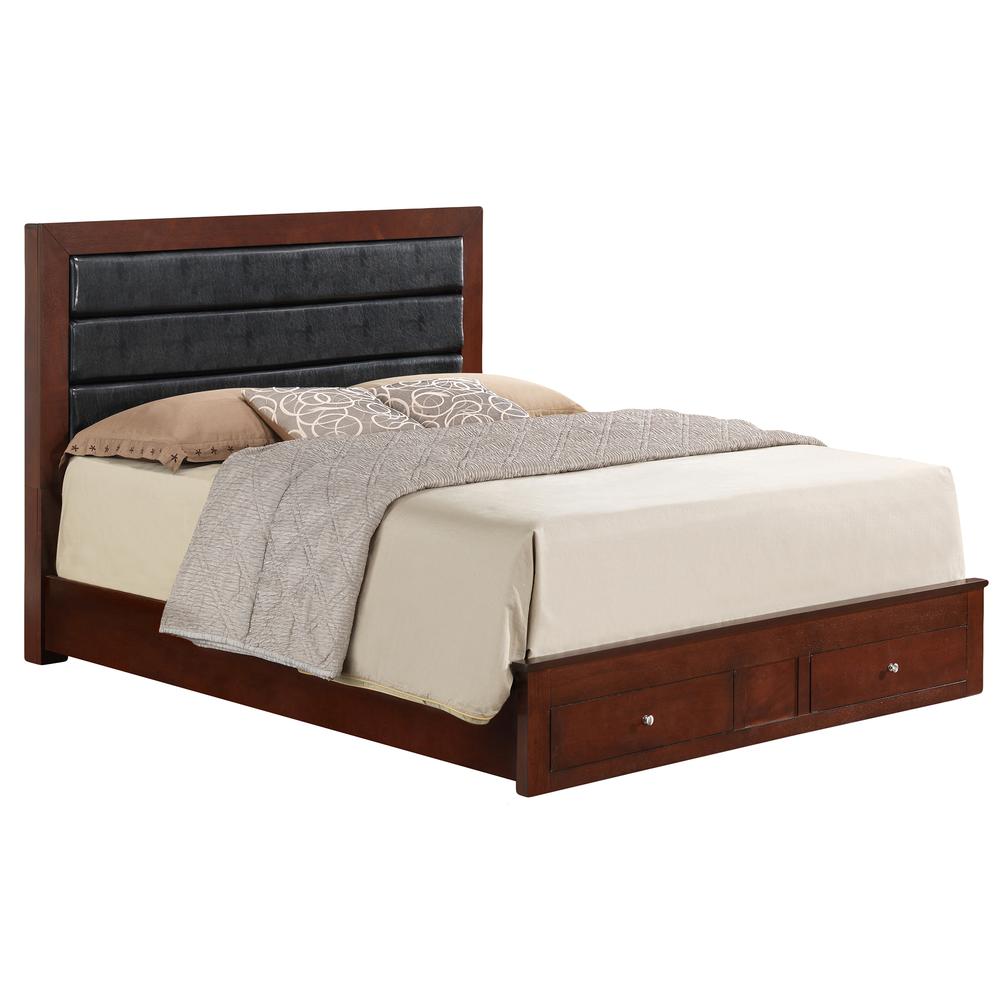 Burlington Cherry and Black Upholstered King Platform Bed with Two Storage Drawers. Picture 1