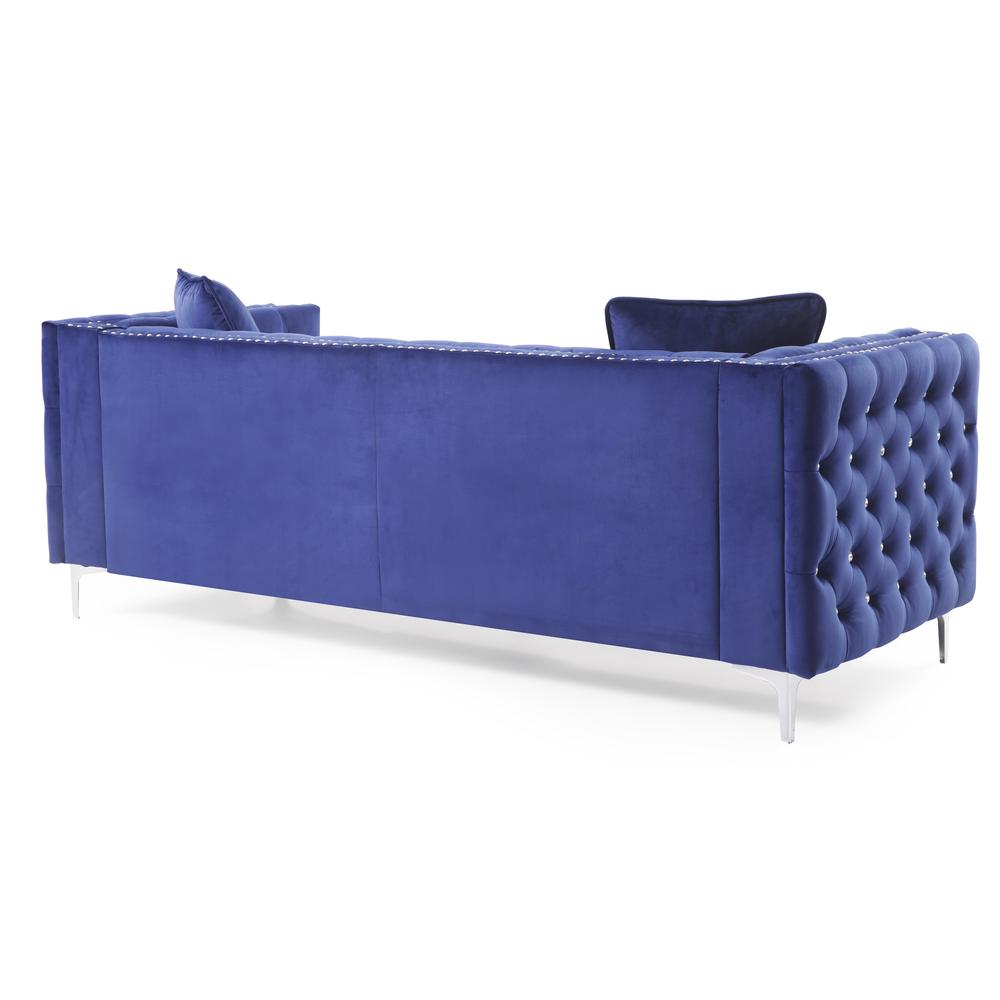 Paige 86 in. Blue Tufted Velvet 3-Seater Sofa with 2-Throw Pillow. Picture 3