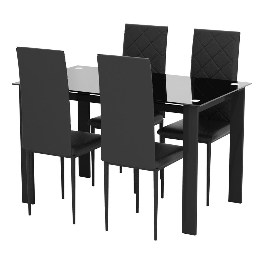 Tansole 5-Piece Rectangle Glass Top Black Metal Frame Rhombic Leather Dinning Chair and Table Set. Picture 1