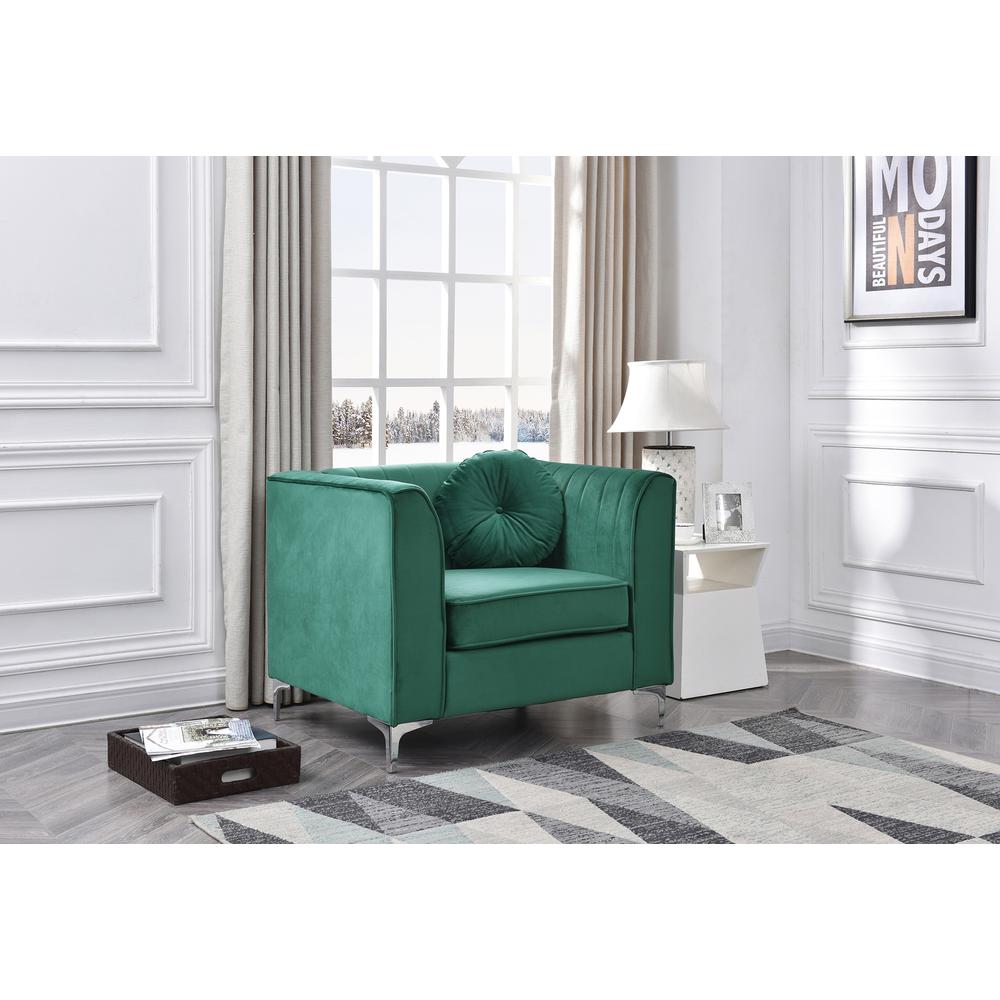Delray Green Vertical Channel Quilted Accent Chair with Round Throw Pillow. Picture 5