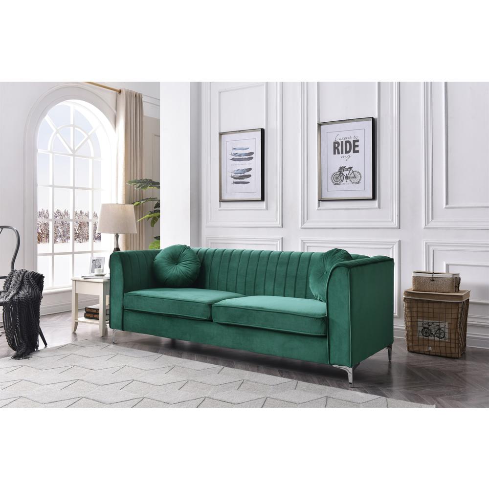 Delray 87 in. Green Velvet 2-Seater Sofa with 2-Throw Pillow. Picture 5