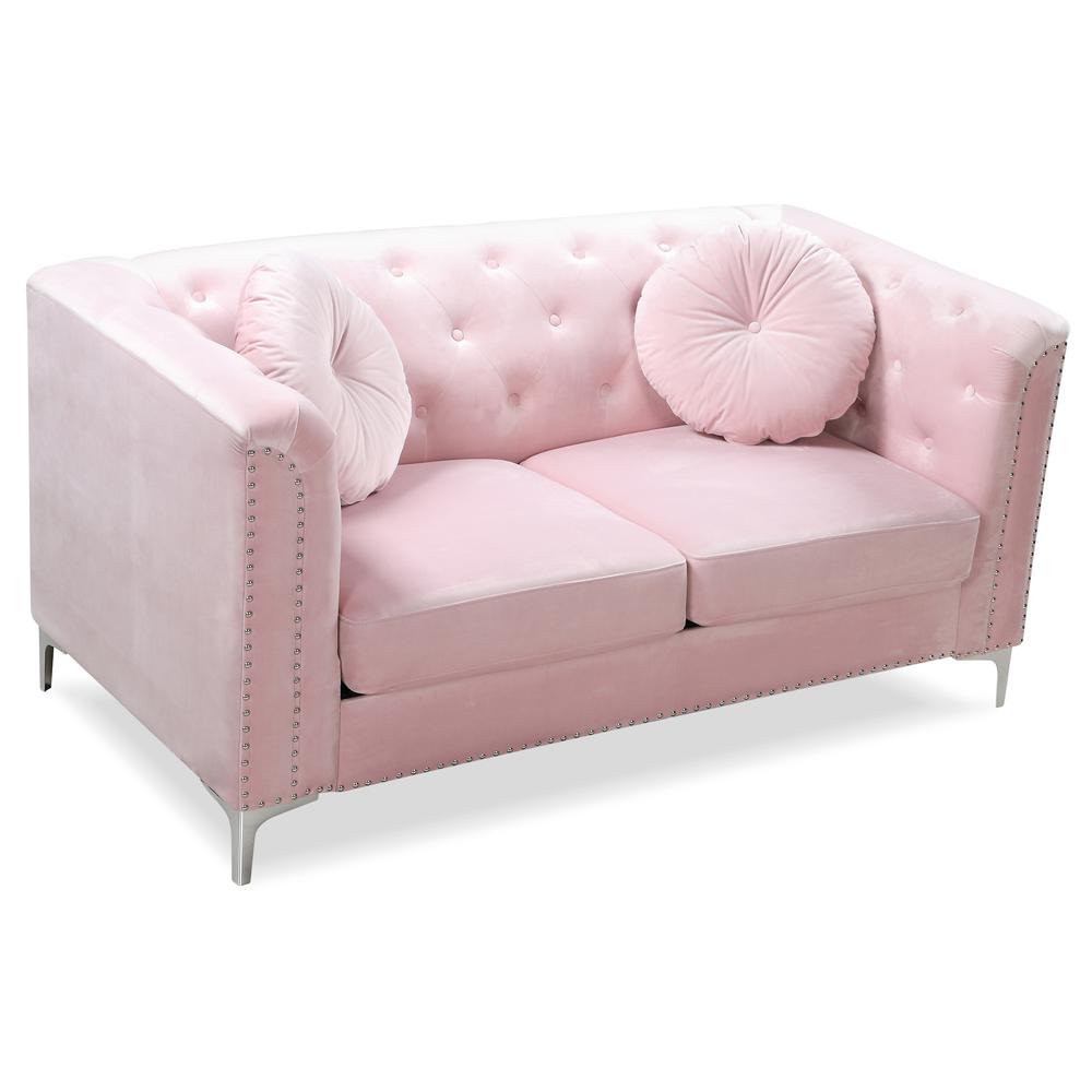 Pompano 62 in. Pink Tufted Velvet Loveseat with 2-Throw Pillow. Picture 2