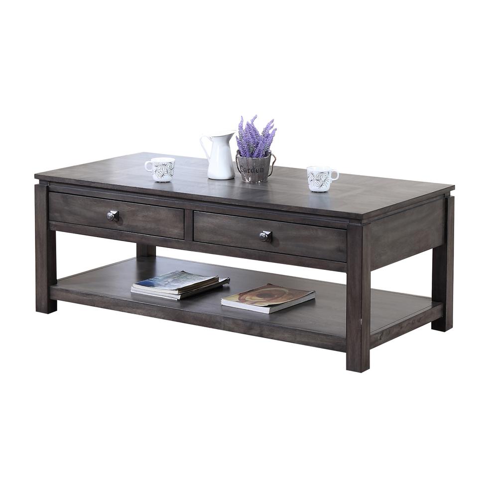 Shades of Gray 50 in. Weathered Grey Rectangular Solid Wood Coffee Table with 2 Drawers. Picture 2