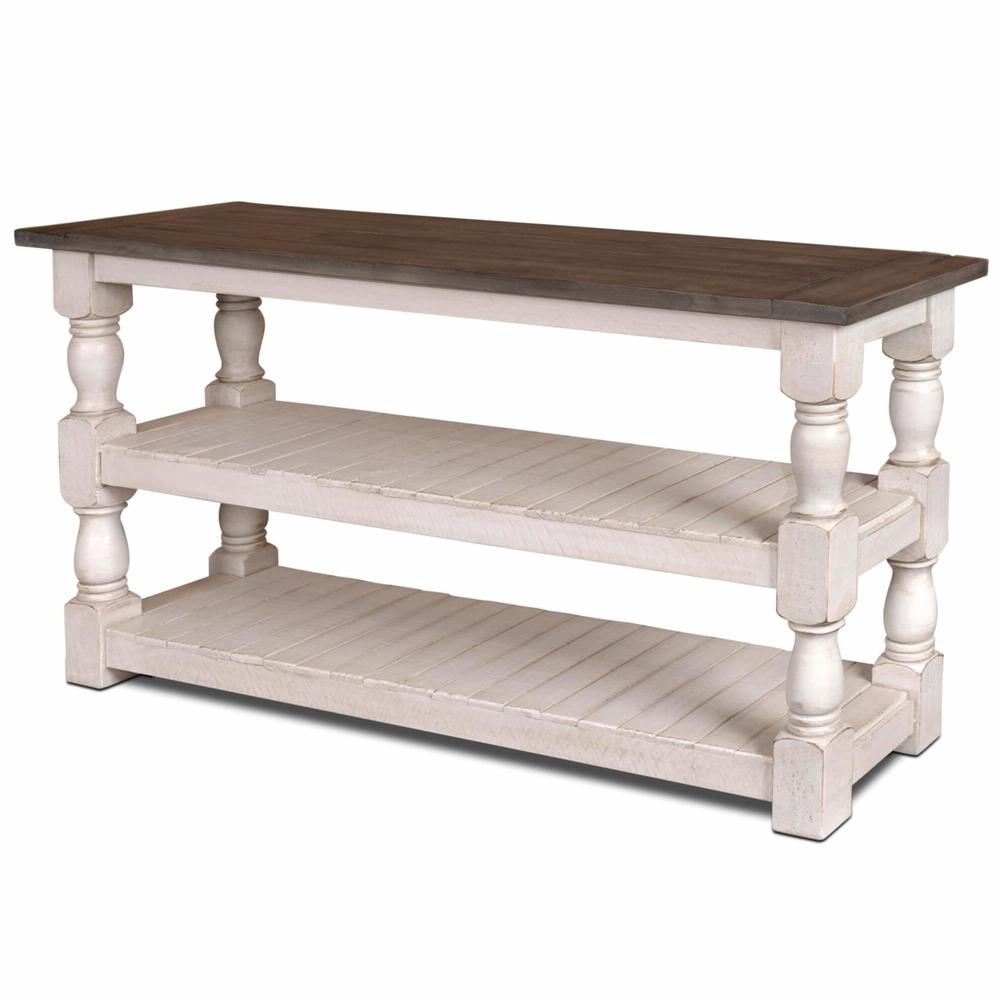 Rustic French 60 in. Distressed White and Brown Rectangular Solid Wood Console Table. Picture 1