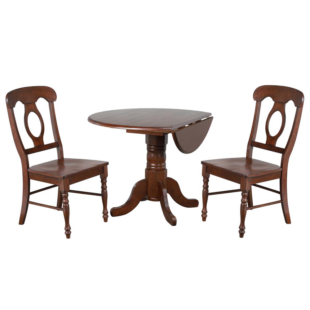 Andrews 3-Piece Round Wood Top Distressed Chestnut Brown Dining Set with Napoleon Chairs. Picture 1