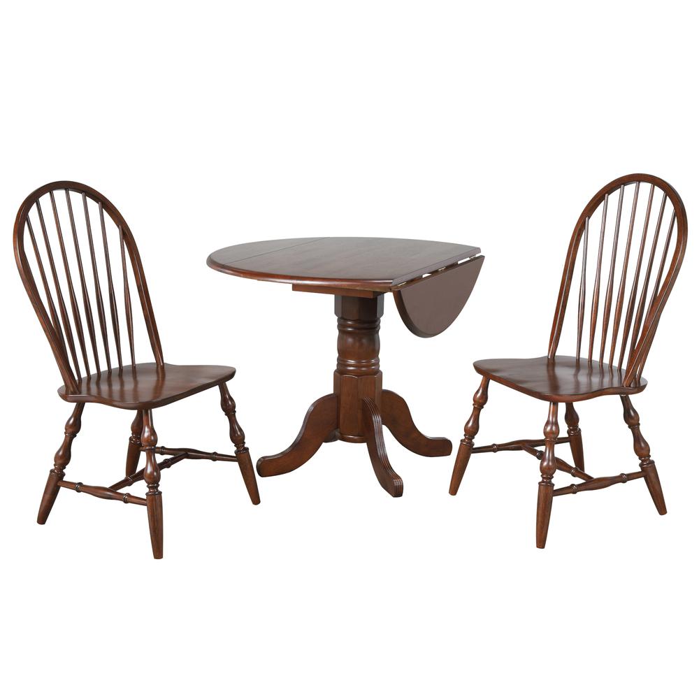 Andrews 3-Piece Round Wood Top Distressed Chestnut Brown Dining Set with Drop Leaf. Picture 1