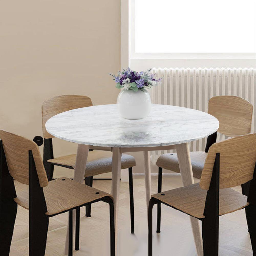 Avella 31" Round Italian Carrara White Marble Dining Table with Oak Legs. Picture 9