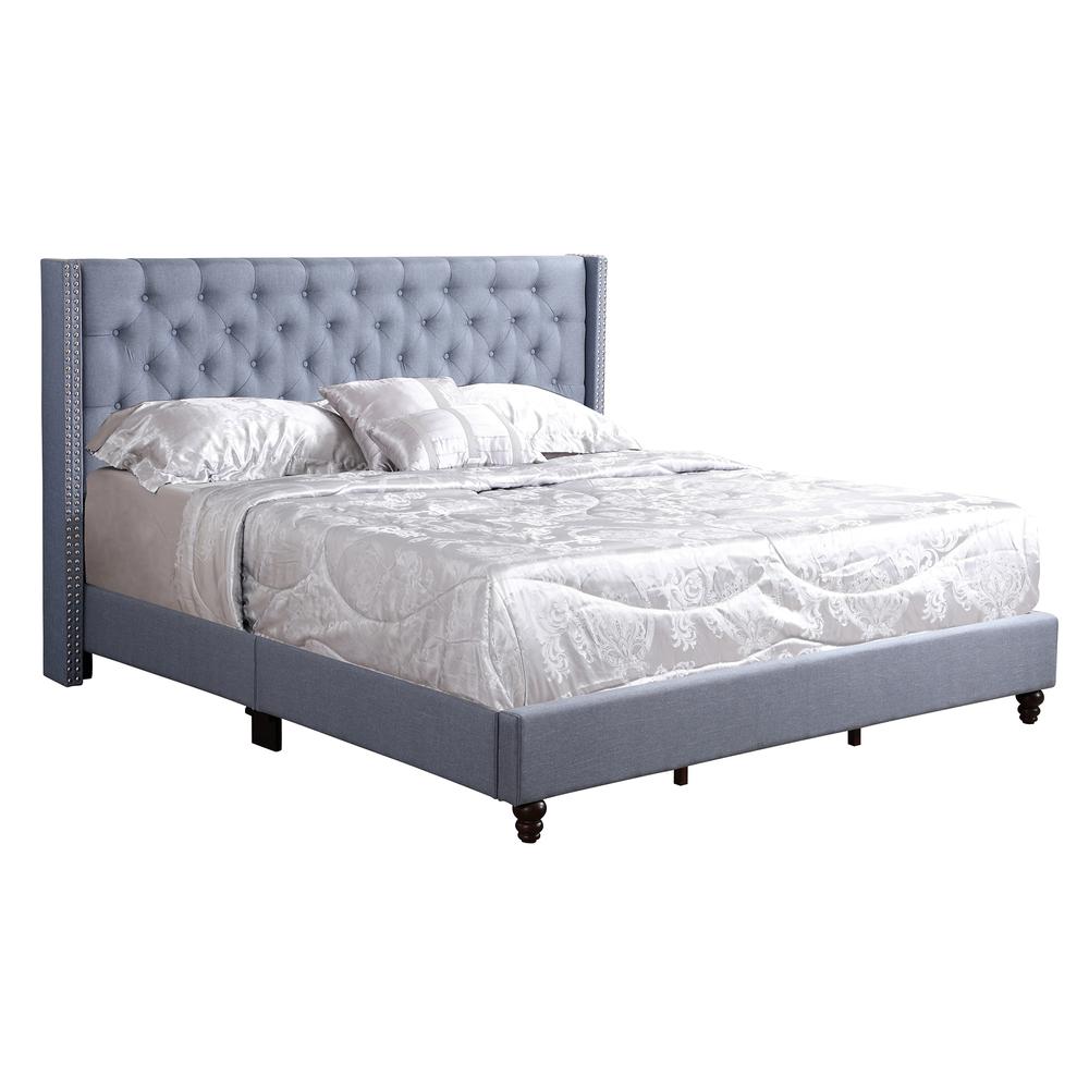 Julie Blue Tufted Upholstered Low Profile King Panel Bed. Picture 1