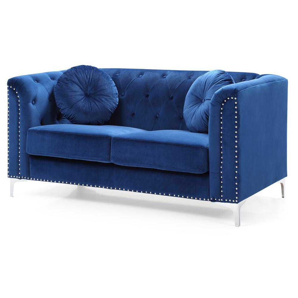 Pompano 62 in. Navy Blue Velvet 2-Seater Sofa with 2-Throw Pillow. Picture 1
