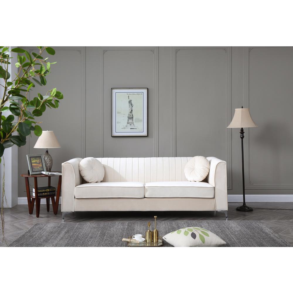 Delray 87 in. Ivory Velvet 2-Seater Sofa with 2-Throw Pillow. Picture 6