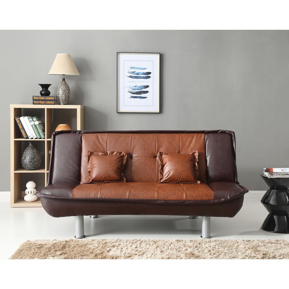 Lionel 74 in. W Armless Faux Leather Straight Sofa in Burgundy and Brown. Picture 6