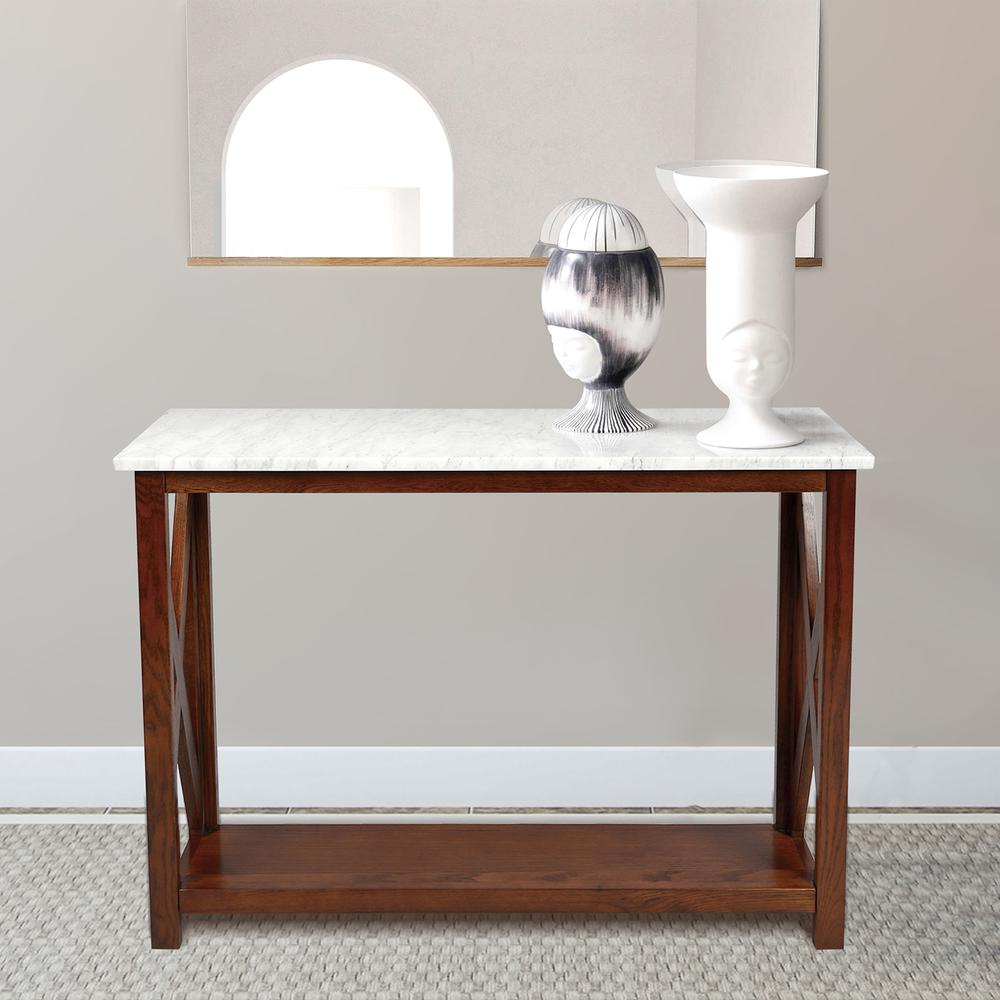 Agatha 39" Rectangular Italian Carrara White Marble Console Table with walnut color solid wood Legs. Picture 8