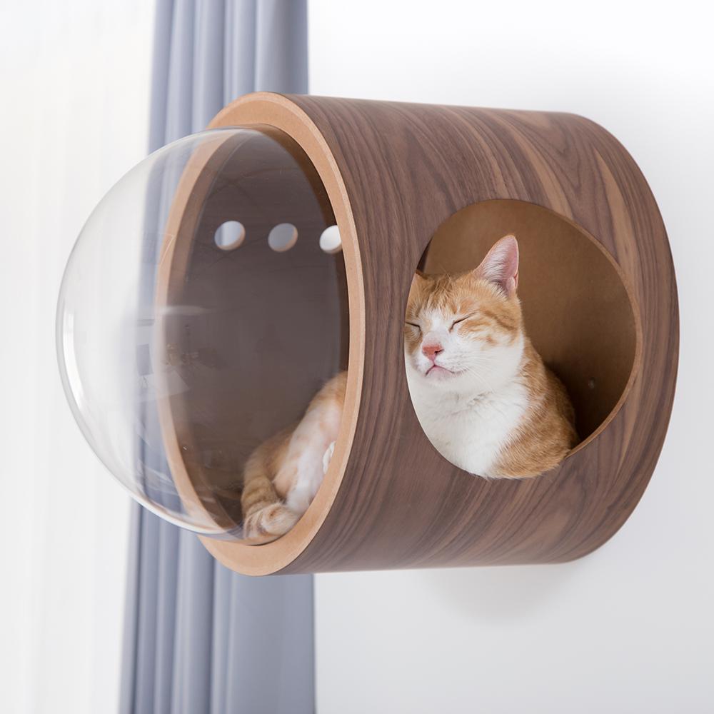 MyZoo Spaceship Gamma: Wall Mounted Cat Bed Open on the Left - Walnut. Picture 5