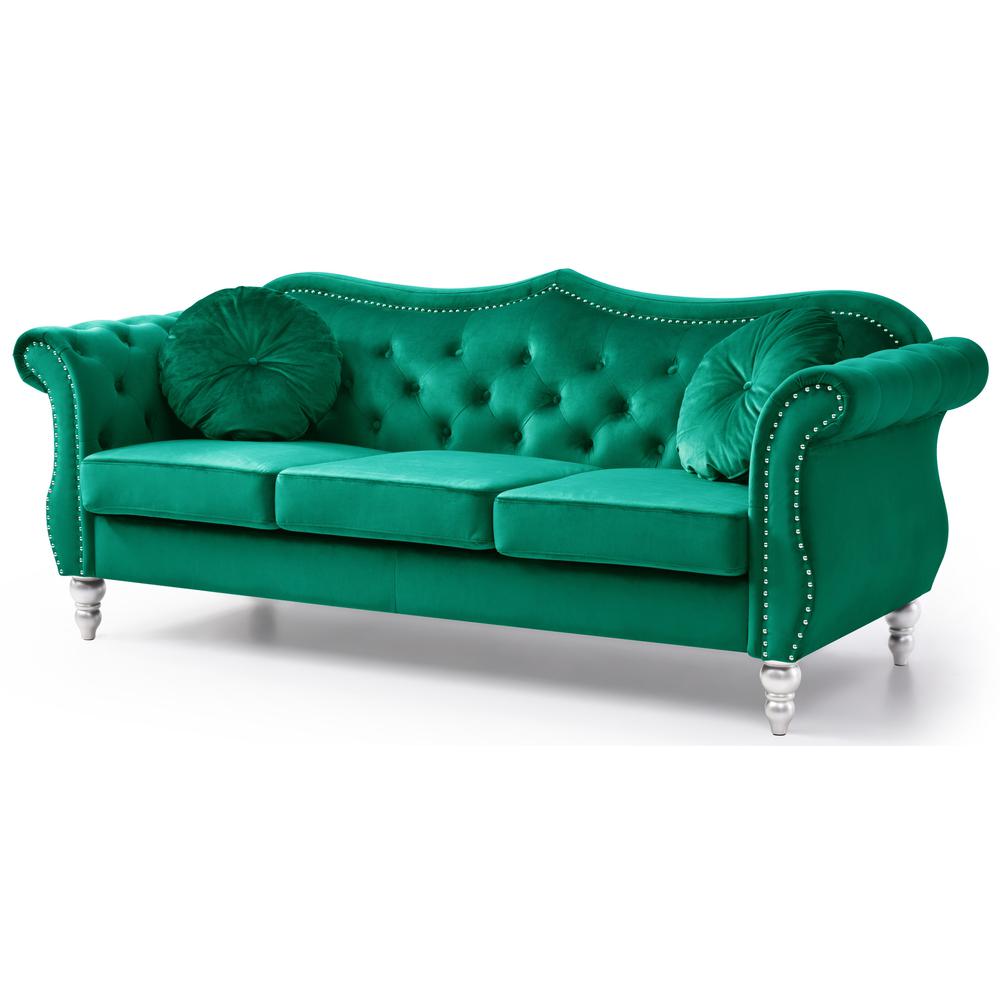 Hollywood 82 in. Green Velvet Chesterfield 3-Seater Sofa with 2-Throw Pillow. Picture 1