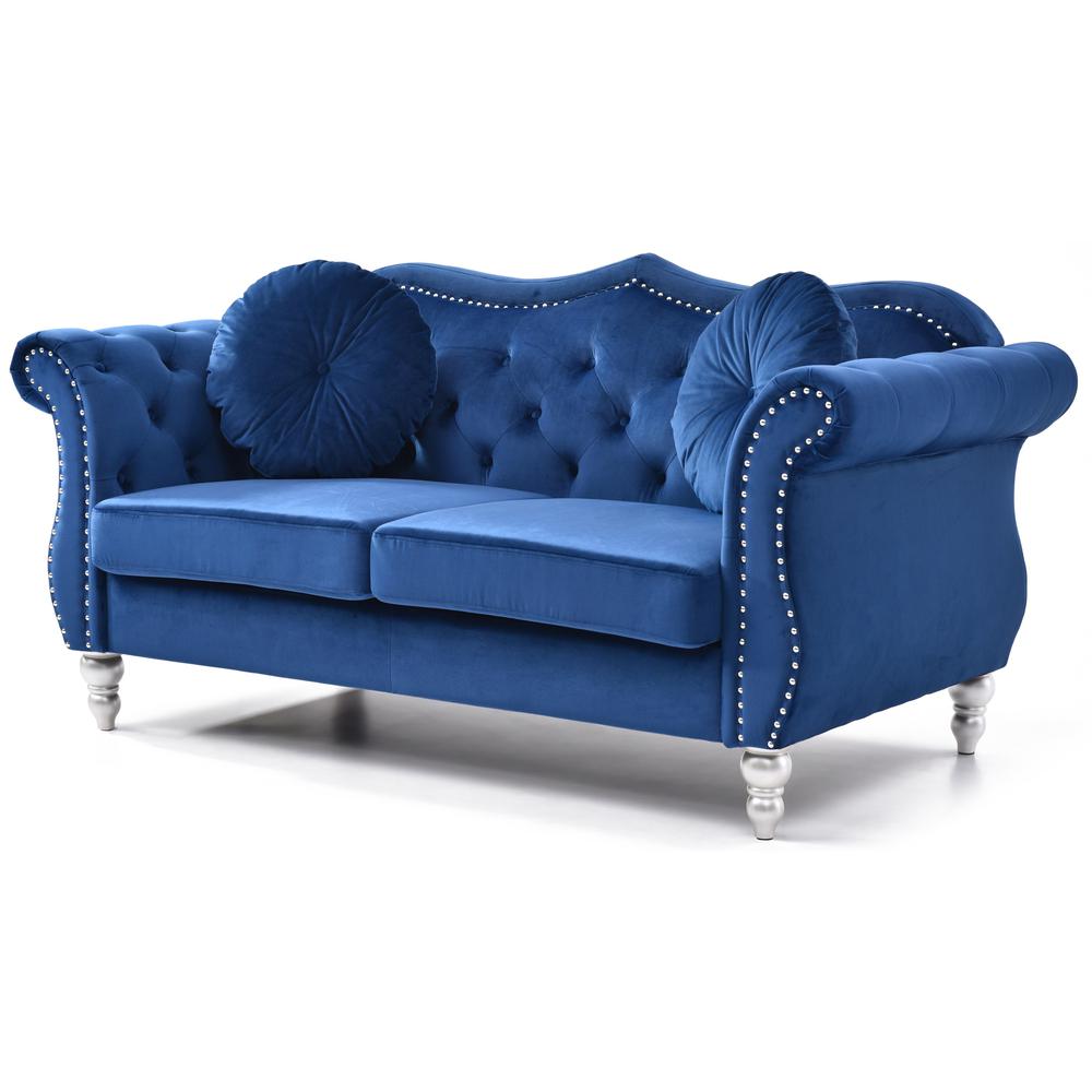Hollywood 68 in. Navy Blue Velvet Chesterfield Loveseat with 2-Throw Pillow. Picture 1