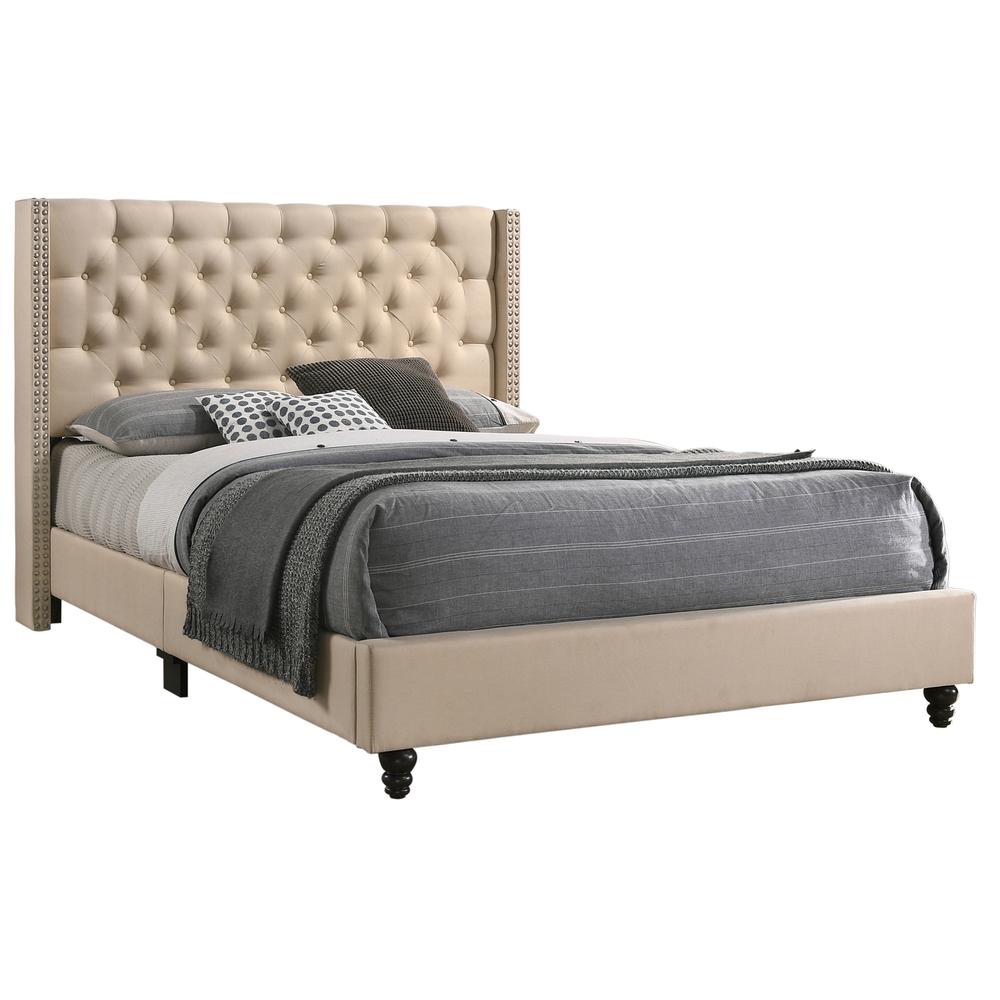 Julie Beige Tufted Upholstered Low Profile Queen Panel Bed. Picture 2