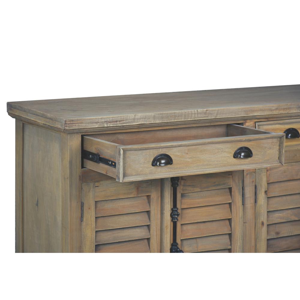 Shabby Chic Cottage 58 In. Wide Driftwood Brown Solid Wood Buffet with Shutter Door and Drawers. Picture 5