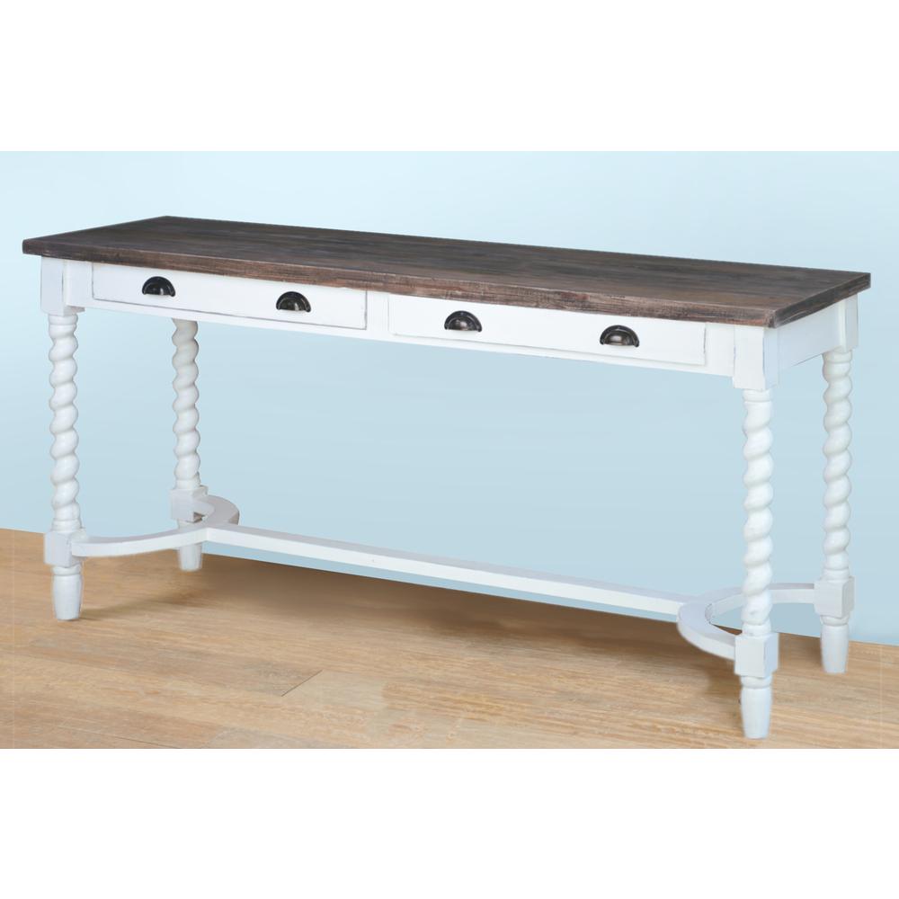 Shabby Chic Cottage 64 in. White and Raftwood Brown Rectangular Solid Wood Console Table. Picture 6