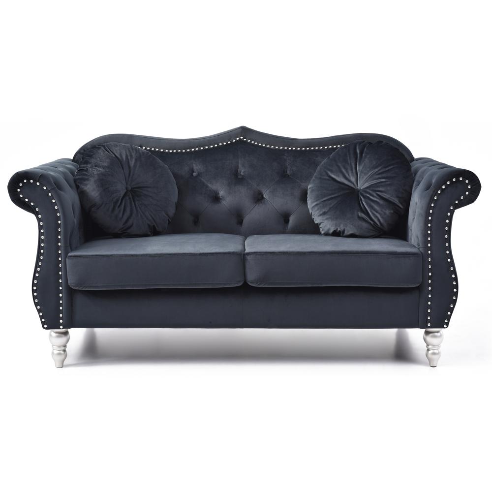 Hollywood 68 in. Black Velvet Chesterfield Loveseat with 2-Throw Pillow. Picture 2