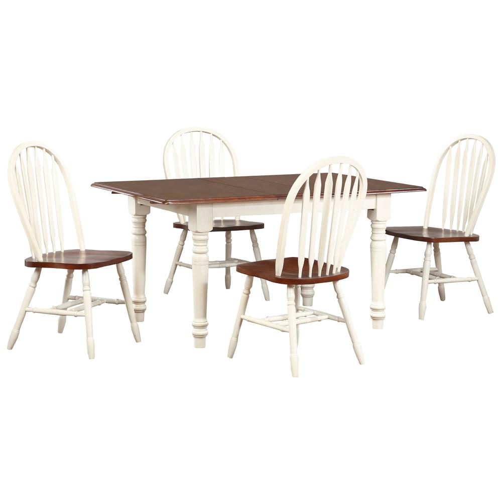 Andrews 5-Piece Solid Wood Top Distressed Antique White with Chestnut Brown Dining Table Set with Extendable Butterfly and Windsor Chairs. Picture 1