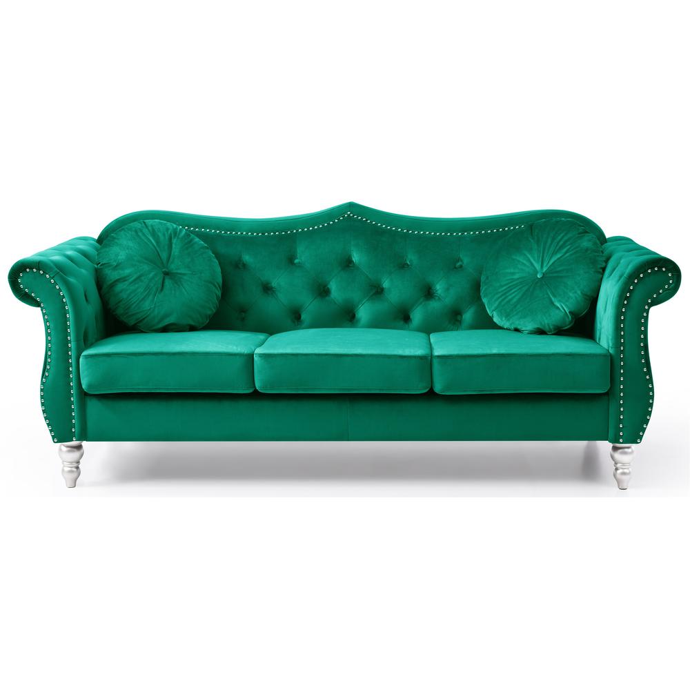 Hollywood 82 in. Green Velvet Chesterfield 3-Seater Sofa with 2-Throw Pillow. Picture 2