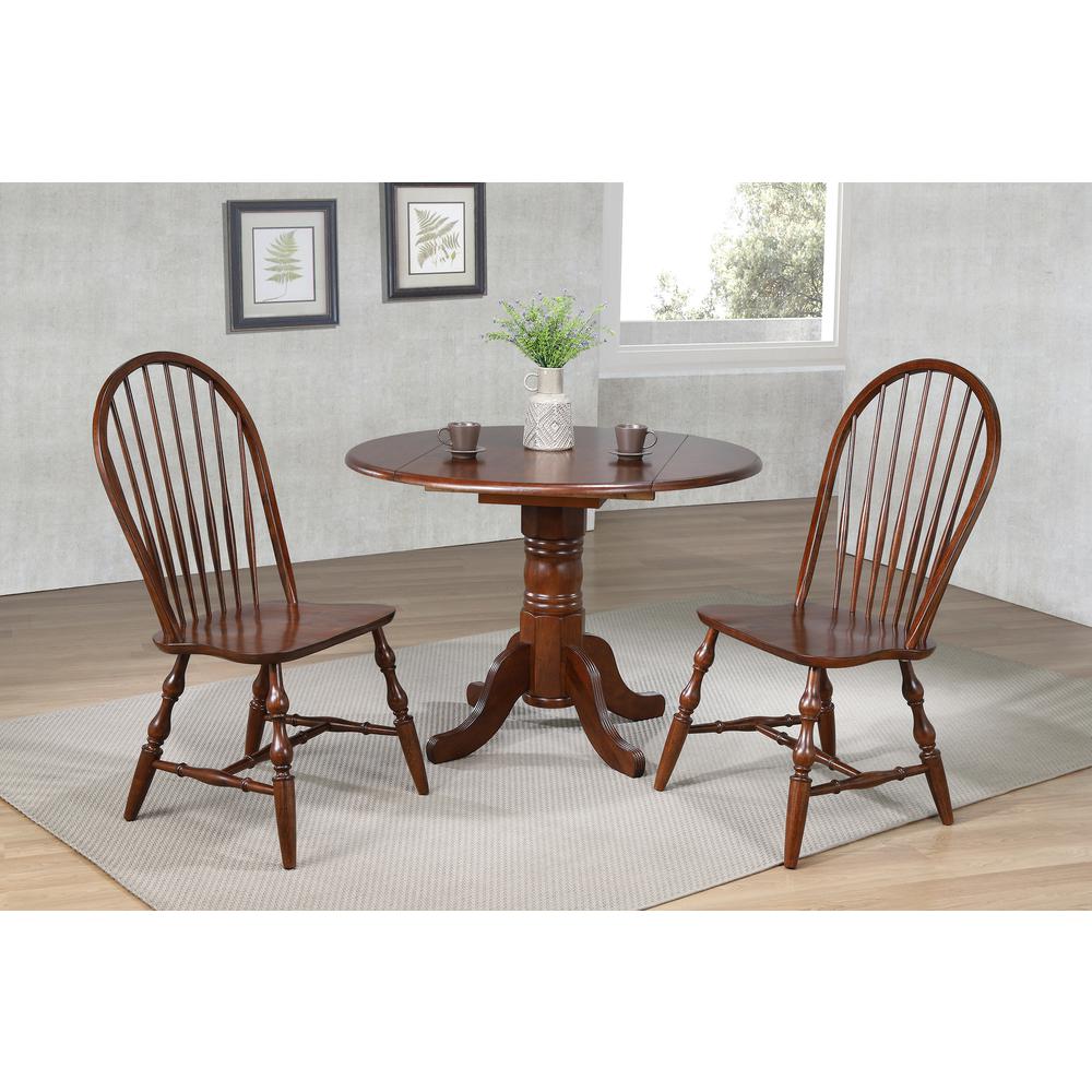 Andrews 3-Piece Round Wood Top Distressed Chestnut Brown Dining Set with Drop Leaf. Picture 7