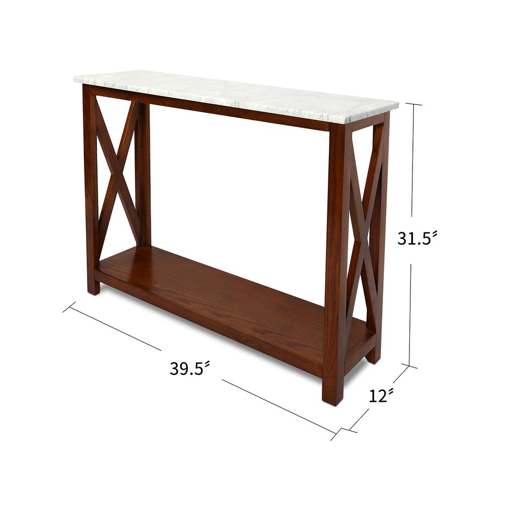 Agatha 39" Rectangular Italian Carrara White Marble Console Table with walnut color solid wood Legs. Picture 6